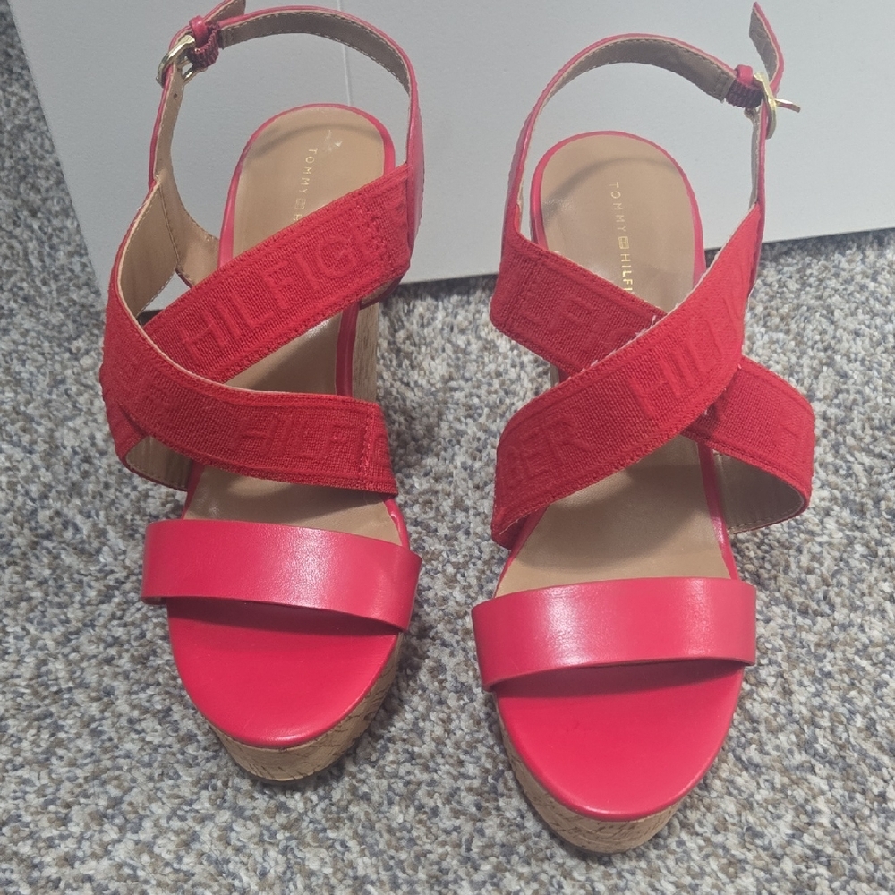 Tommy Hilfiger Red Leather & Fabric Crisscross Wedge Sandals